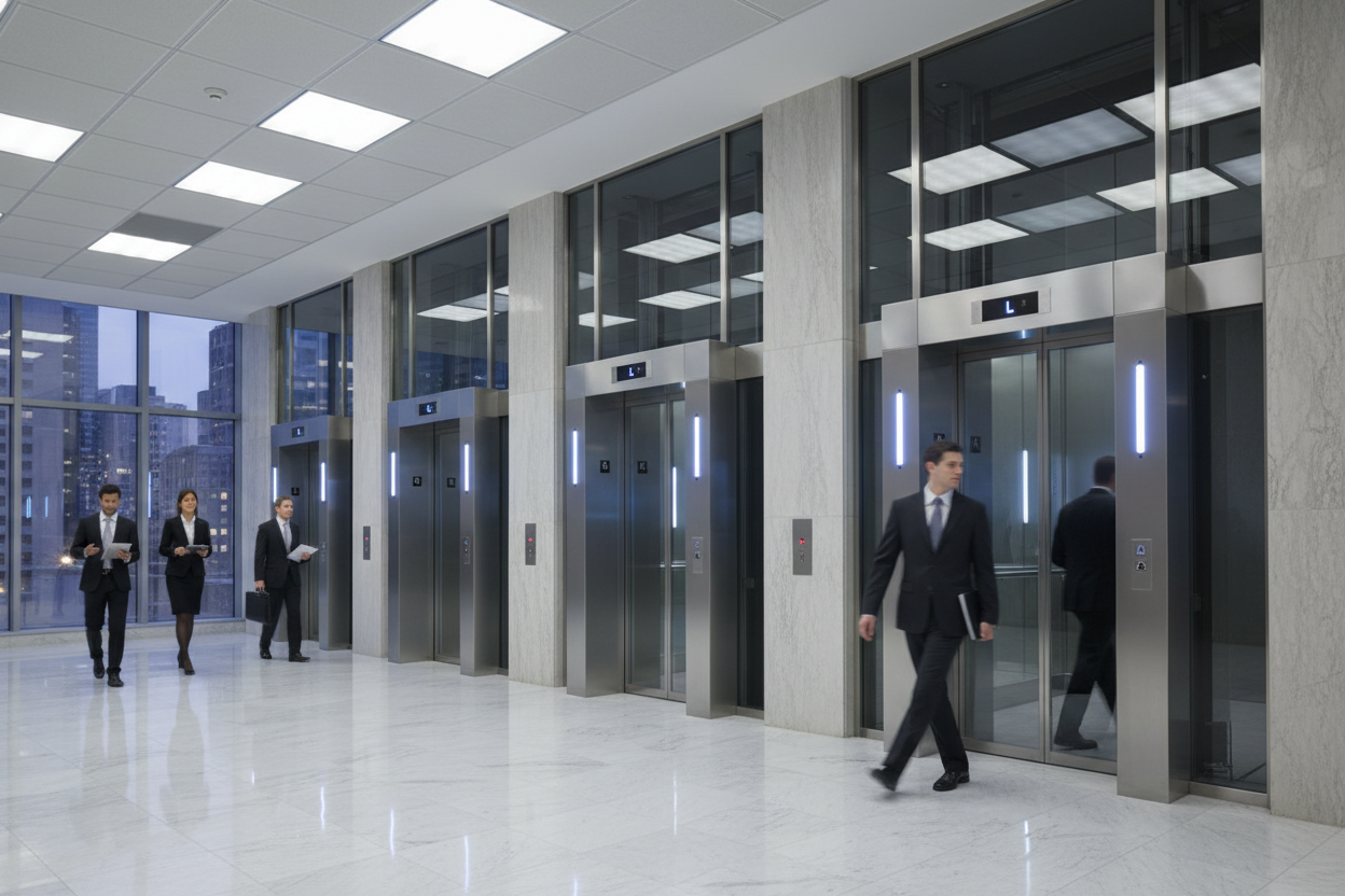 BİR KAÇ ASANSÖRÜN GÖRÜNDÜĞÜ BİR GÖRSEL YAP