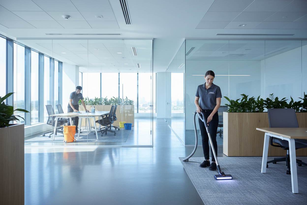 KURUMSAL BİR YERDE TEMİZLİK YAPILDIĞINI GÖSTEREN BİR GÖRSEL YAP