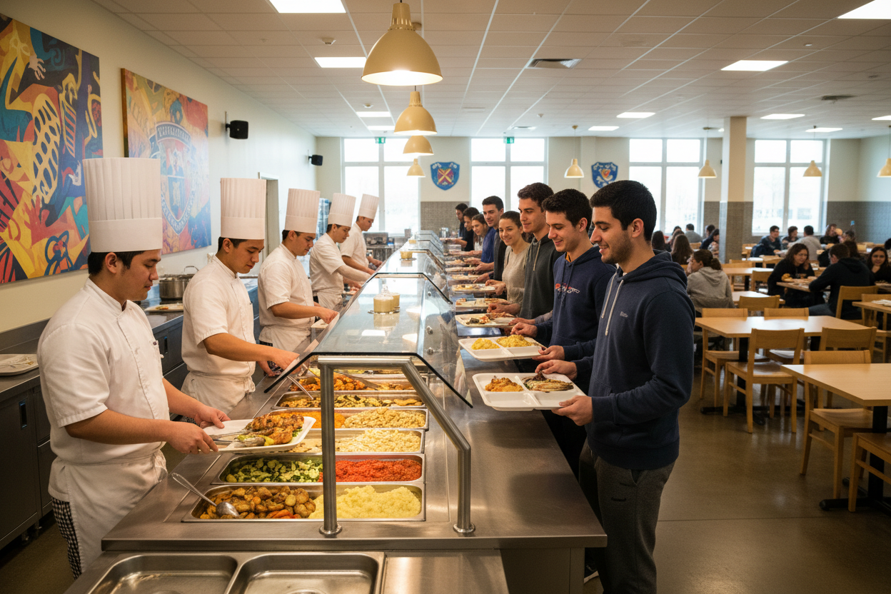 yemek almak için sıraya girmiş insanlara yemek dağıtan aşçılar bir üniversite byurdunda